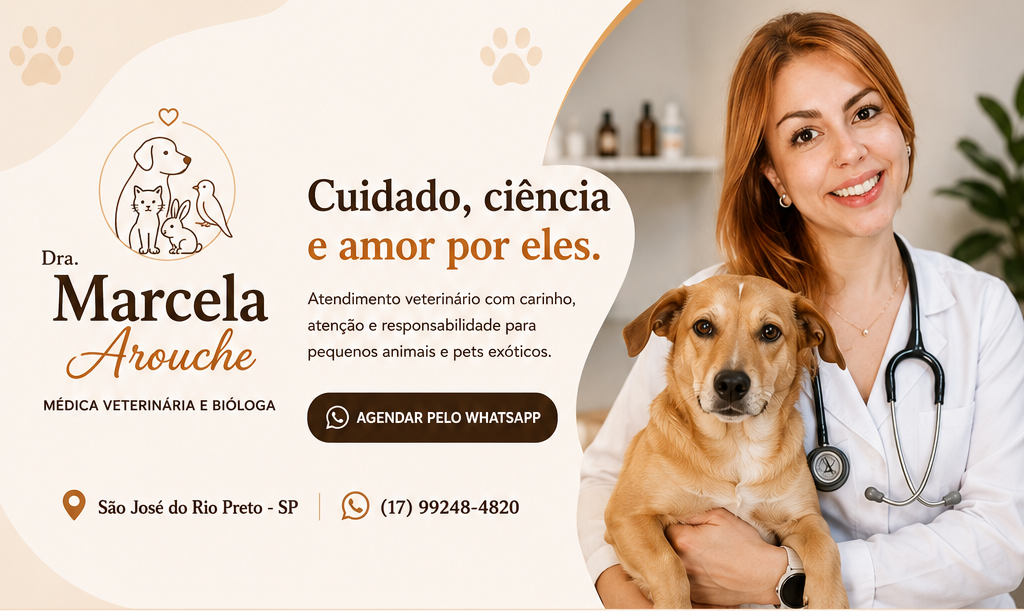 Dra. Marcela Arouche, médica veterinária e bióloga, atendimento veterinário para pequenos animais e pets exóticos.