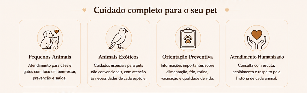 Serviços: pequenos animais, animais exóticos, orientação preventiva e atendimento humanizado.